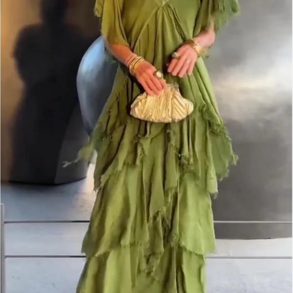 Green Ruffled Tiered Maxi Gown for Wedding Guest